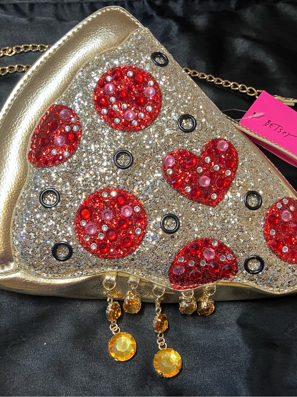 Betsey Johnson Gold Glitter Pizza Slice Crossbody with Red Gem Accents - Picture 3 of 3